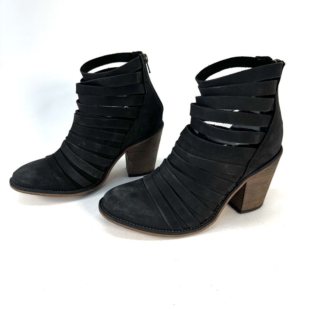Free People Hybrid Ankle Bootie 38 US 8 Strappy Black Nubuck Leather Chunky Heel